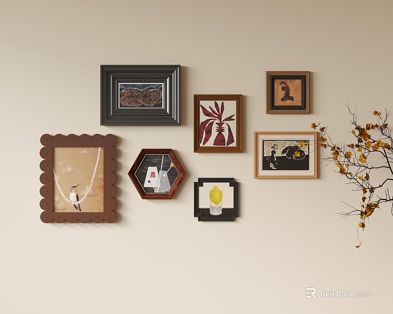 Creative Wall Decor With Various Shaped Frames Artworks And Decorative Branches 3d model 