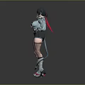 Anime 3D Rendered Female Character With Black Short Hair Blue Coat Shorts Boots And Tail