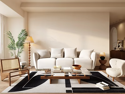 Spacious Beige Sectional Sofa With White Pillows Coffee Table Floor Lamp And Green Plant 3d model