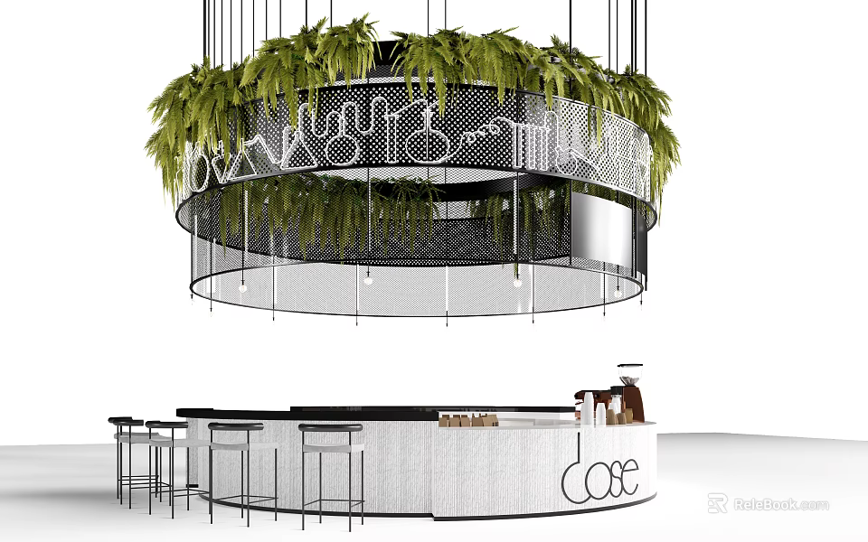 White Bar Counter with Hanging Circular Green Plants Decoration and Black Stools in Cafe 3d model 