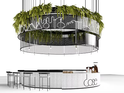 White Bar Counter with Hanging Circular Green Plants Decoration and Black Stools in Cafe 3d model