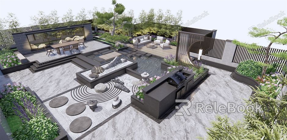 New Chinese Style Courtyard Courtyard Garden Roof Garden Outdoor Table and Chair Outdoor Sofa Landscape Wall Stone Dead Mountain Stone Pine Tree Landscape Tree Bamboo model