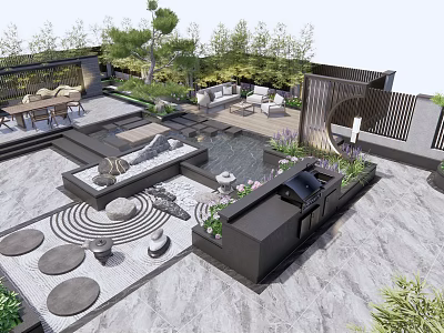 Modern Courtyard Garden With Stone Paving Circular Slabs Water Feature Greenery And Seating Area 3d model