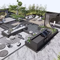 Modern Courtyard Garden With Stone Paving Circular Slabs Water Feature Greenery And Seating Area