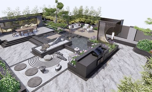 New Chinese Style Courtyard Garden Roof Garden Outdoor Table and Chair Outdoor Sofa Landscape Wall Stone Dead Mountain Stone Pine Tree Landscape Tree Bamboo 3d model