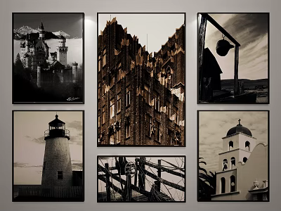 Vintage Black And White Landscape Paintings Featuring Castle Lighthouse Architecture And Bell Tower 3d model