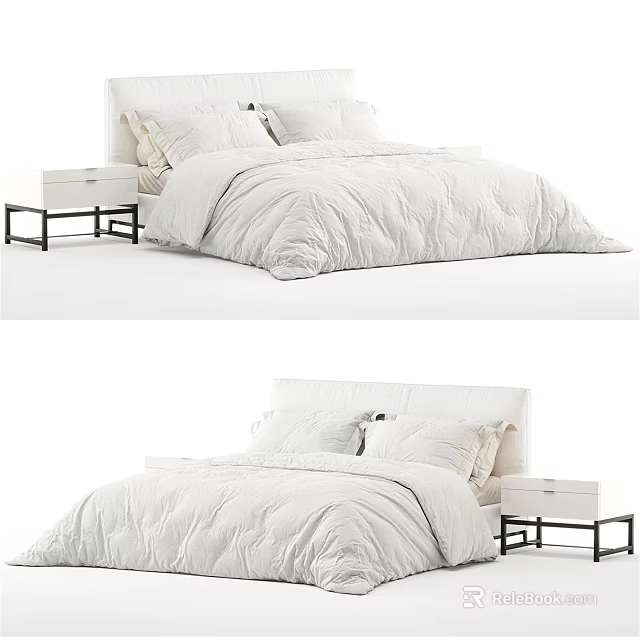 Modern White Double Bed With Soft Bedding Pillows And Black Nightstand 3d model 