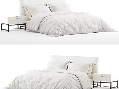 Modern White Double Bed With Soft Bedding Pillows And Black Nightstand 3d model