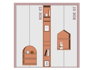 Stylish Decorative Cabinet With Books Shelves Rabbit Figurine Photo Frame And Drawer 3d model