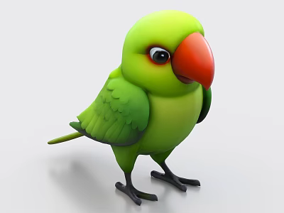 Cute Green Feathered Parrot With Red Beak And Black Claws In 3D Model Standing Pose 3d model