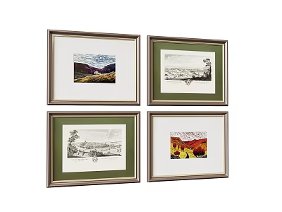 Four Framed Landscape Artworks With Scenic Mountain Field And Nature Views 3d model