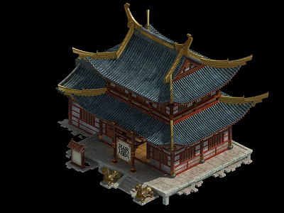 Cartoon Scenery of Chinese Traditional Temple With Multi Tiered Eaves Golden Decorations And Red Pillars 3d model