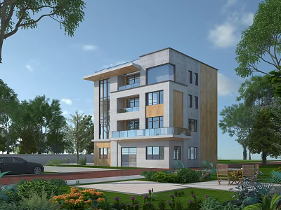 Modern Detached Villa Exterior Design With Glass Windows Wooden Accents Balconies Green Trees And Garden 3d model