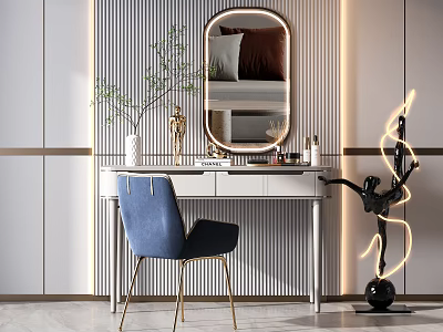Modern Dressing Table With Oval Mirror Blue Velvet Chair And Vertical Striped Wall Decor 3d model