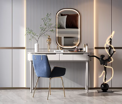 Modern Dressing Table With Oval Mirror Blue Velvet Chair And Vertical Striped Wall Decor 3d model