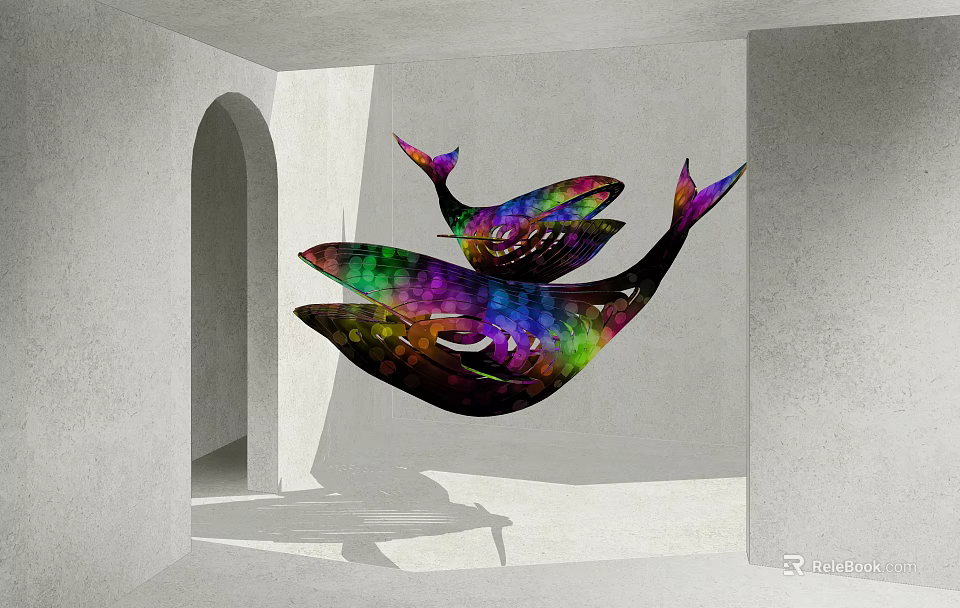 Colorful Whale Shaped Art Installation Hanging In Room With White Walls And Arched Door 3d model 