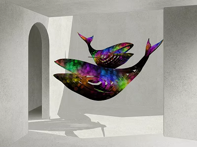 Colorful Whale Shaped Art Installation Hanging In Room With White Walls And Arched Door 3d model