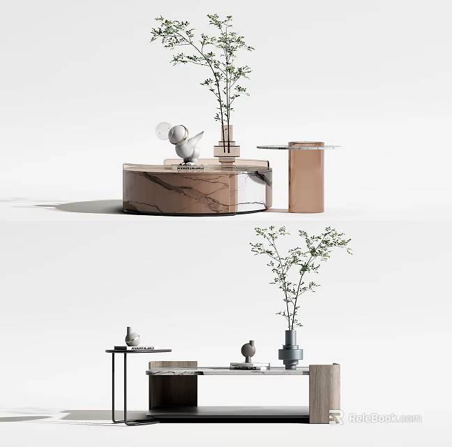 Modern Coffee Table With Marble Surface Decorative Plant And Wooden Side Table Design 3d model
