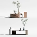 Modern Coffee Table With Marble Surface Decorative Plant And Wooden Side Table Design 3d model