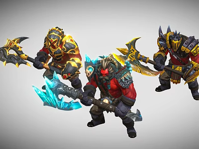 Ornament Figurine Set Featuring Mythical Warrior Characters With Detailed Axes And Colorful Armor 3d model