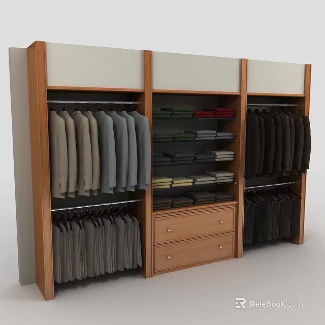 Wooden Wardrobe Featuring Hanging Light Dark Coats Drawers And Folded Clothes Shelves 3d model 