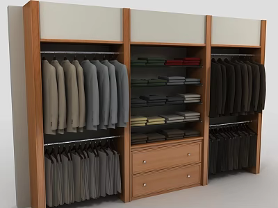 Wooden Wardrobe Featuring Hanging Light Dark Coats Drawers And Folded Clothes Shelves 3d model