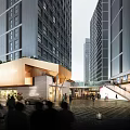 Modern High Rise Commercial Complex With Entrance Plaza Large Digital Screen And Pedestrians