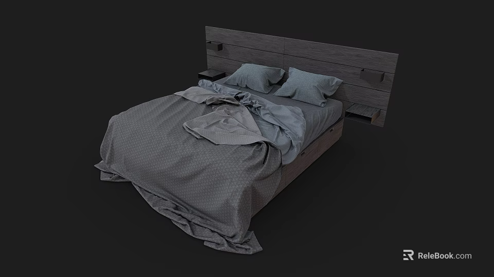 Modern Double Bed With Wooden Headboard Gray Bedding And Cozy Pillows 3d model 