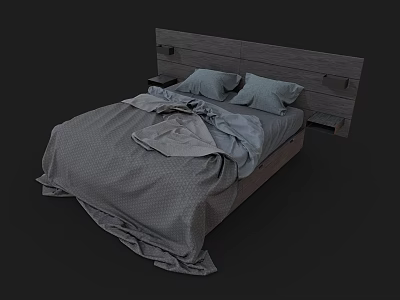 Modern Double Bed With Wooden Headboard Gray Bedding And Cozy Pillows 3d model
