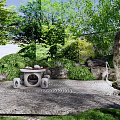 Rockery Stone as Centerpiece in Garden with Green Plants Stone Table and Wavy Stone Path