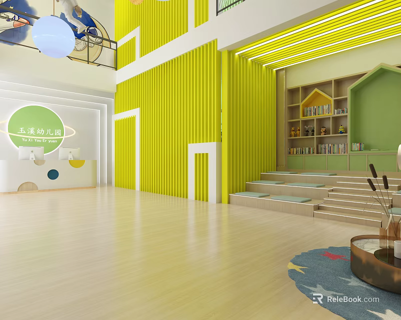 Bright Kindergarten Interior With Yellow Green Walls Stairs Bookshelves And Colorful Carpet 3d model 