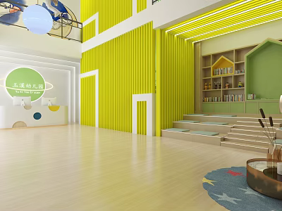 Bright Kindergarten Interior With Yellow Green Walls Stairs Bookshelves And Colorful Carpet 3d model