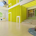 Bright Kindergarten Interior With Yellow Green Walls Stairs Bookshelves And Colorful Carpet