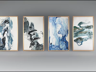 Four Gold Framed Abstract Paintings With Blue Black White Green Tones On Gray Wall 3d model