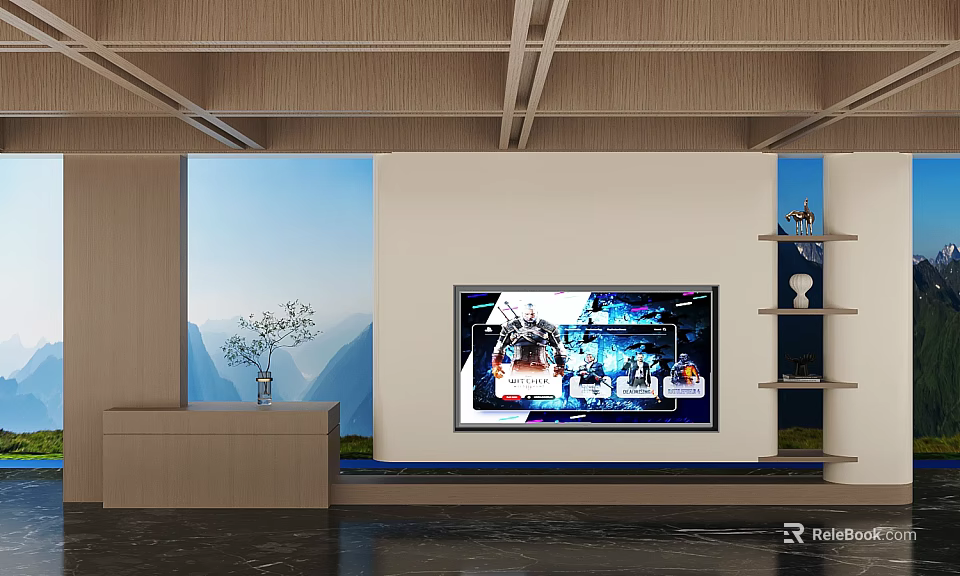 Modern Wooden TV Stand With Flat Screen TV And Decorative Side Shelves On Dark Floor 3d model 
