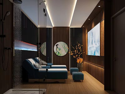Modern SPA Sauna Interior With Wooden Panels Blue Lounge Chairs Shower Area And Ambient Lighting 3d model