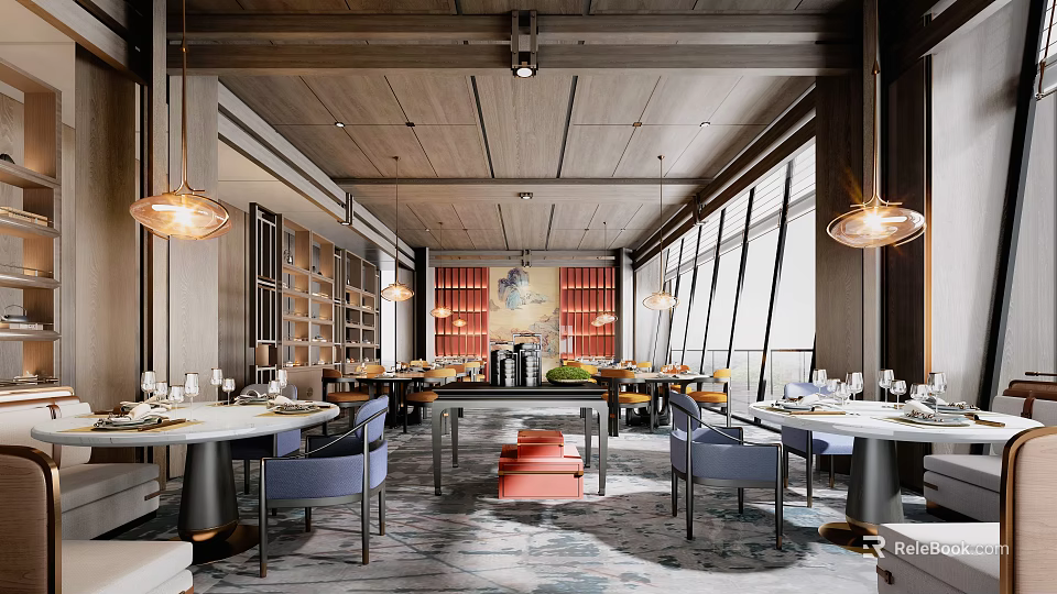 Elegant Restaurant Interior Featuring Wooden Ceiling Red Wall Hanging Lamps White Tables And Blue Chairs 3d model 