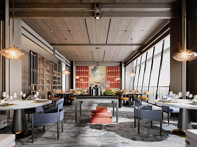 Elegant Restaurant Interior Featuring Wooden Ceiling Red Wall Hanging Lamps White Tables And Blue Chairs 3d model
