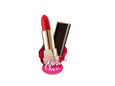 New Red Lipstick With Golden Case And Black Tube On Pink Base 3d model