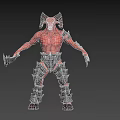 Mythical Red Skinned Demon Wielding Flaming Swords And Spiked Armor With Horns