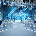 Elegant Modern Banquet Hall Interior With Crystal Chandeliers And White Dining Tables