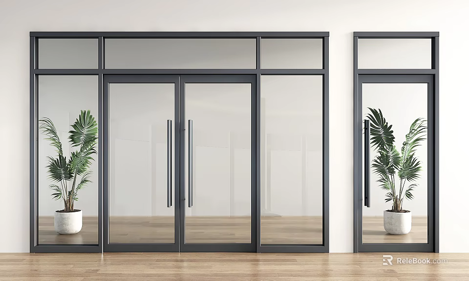 Modern Glass Double Doors In Interior With Plants And Wooden Floor 3d model 