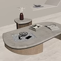 Modern Coffee Table With Grey Stone Top And Wooden Legs Featuring Tray Books And Candle