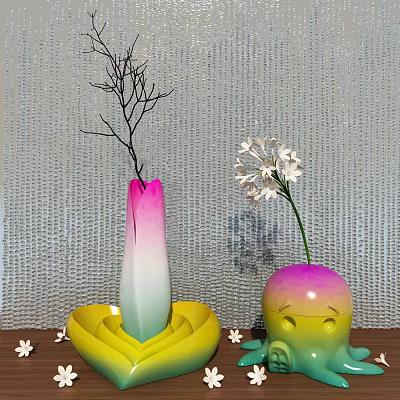 Pastel Colored Ceramic Vases With White Flowers And Decorative Branches 3d model