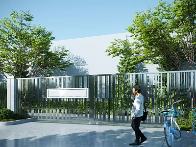 Modern Metal Entrance Gate With Green Plants Trees Person Walking And Blue Bicycle 3d model