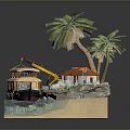 Miniature 3D Scene Model With Palm Trees Small House Boat Excavator And Water