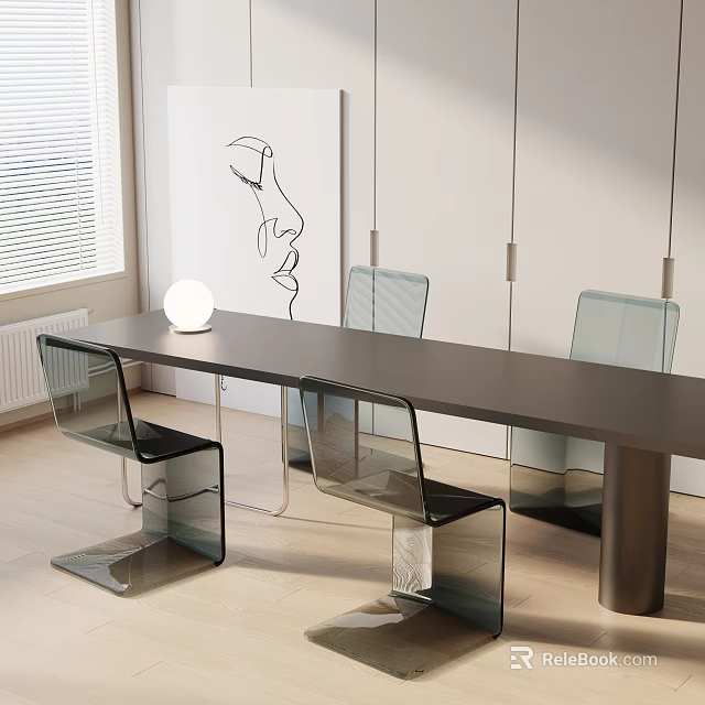 Modern Minimalist Dark Dining Table Set Featuring Transparent Glass Chairs And White Spherical Lamp 3d model 