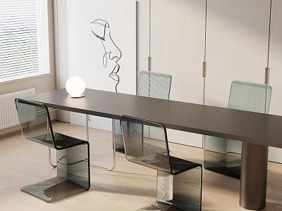 Modern Minimalist Dark Dining Table Set Featuring Transparent Glass Chairs And White Spherical Lamp 3d model