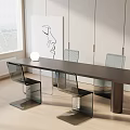 Modern Minimalist Dark Dining Table Set Featuring Transparent Glass Chairs And White Spherical Lamp