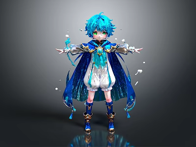 Anime Character With Blue Hair Blue Cape And White Outfit Standing With Light Particles 3d model